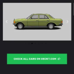 Zrzut ekranu strony internetowej Tezosmotors.xyz z ilustracją bocznego profilu zielonego samochodu w stylu retro.
