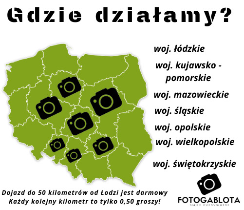 Mapa Polski z zaznaczonymi województwami, w których działa firma fotograficzna, z informacją o darmowym dojeździe do 50 km od Łodzi i cenie za każdy kolejny kilometr oraz logo firmy Fotogablota.