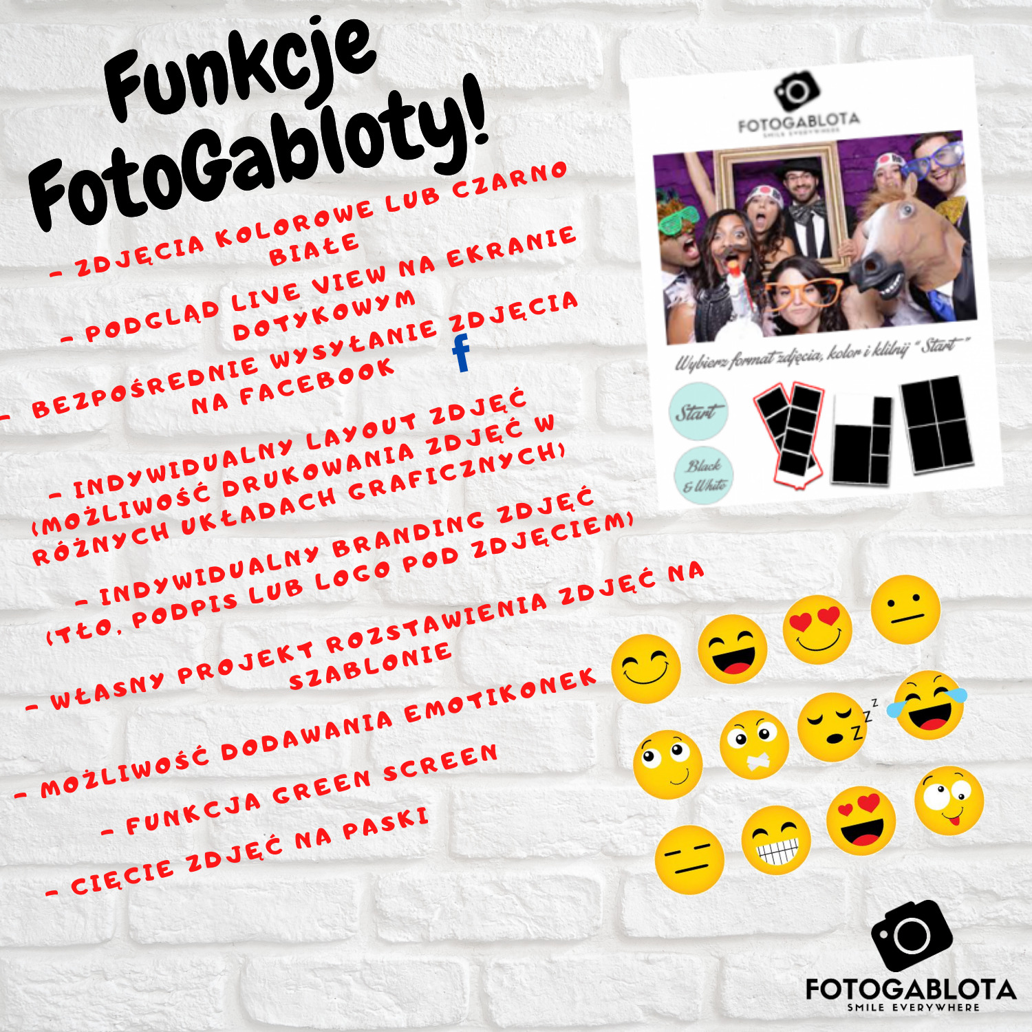 Ulotka informacyjna z funkcjami i opcjami fotobudki: kolorowe i czarno-białe zdjęcia, live view, wysyłanie na Facebook, indywidualny layout, branding, szablony z emotikonami, green screen, cięcie...