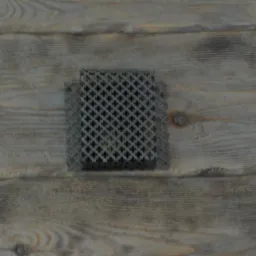 Fragment drewnianej ściany z zamontowaną metalową kratką wentylacyjną o wzorze koniczyny, widoczne słoje drewna i delikatne przebarwienia.