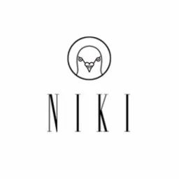 Minimalistyczny logotyp przedstawiający stylizowaną głowę gołębia w okręgu, nad napisem 'NIKI' z cienkich, eleganckich liter.