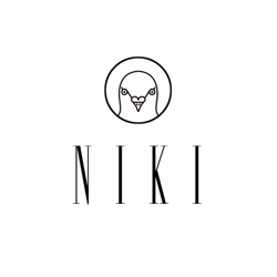 Minimalistyczny logotyp przedstawiający stylizowaną głowę gołębia w okręgu, nad napisem 'NIKI' z cienkich, eleganckich liter.