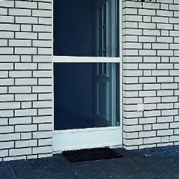 Biała moskitiera ramkowa zamontowana w drzwiach wejściowych, widok z zewnątrz na tle jasnej ściany z cegły i czarnej wycieraczki.