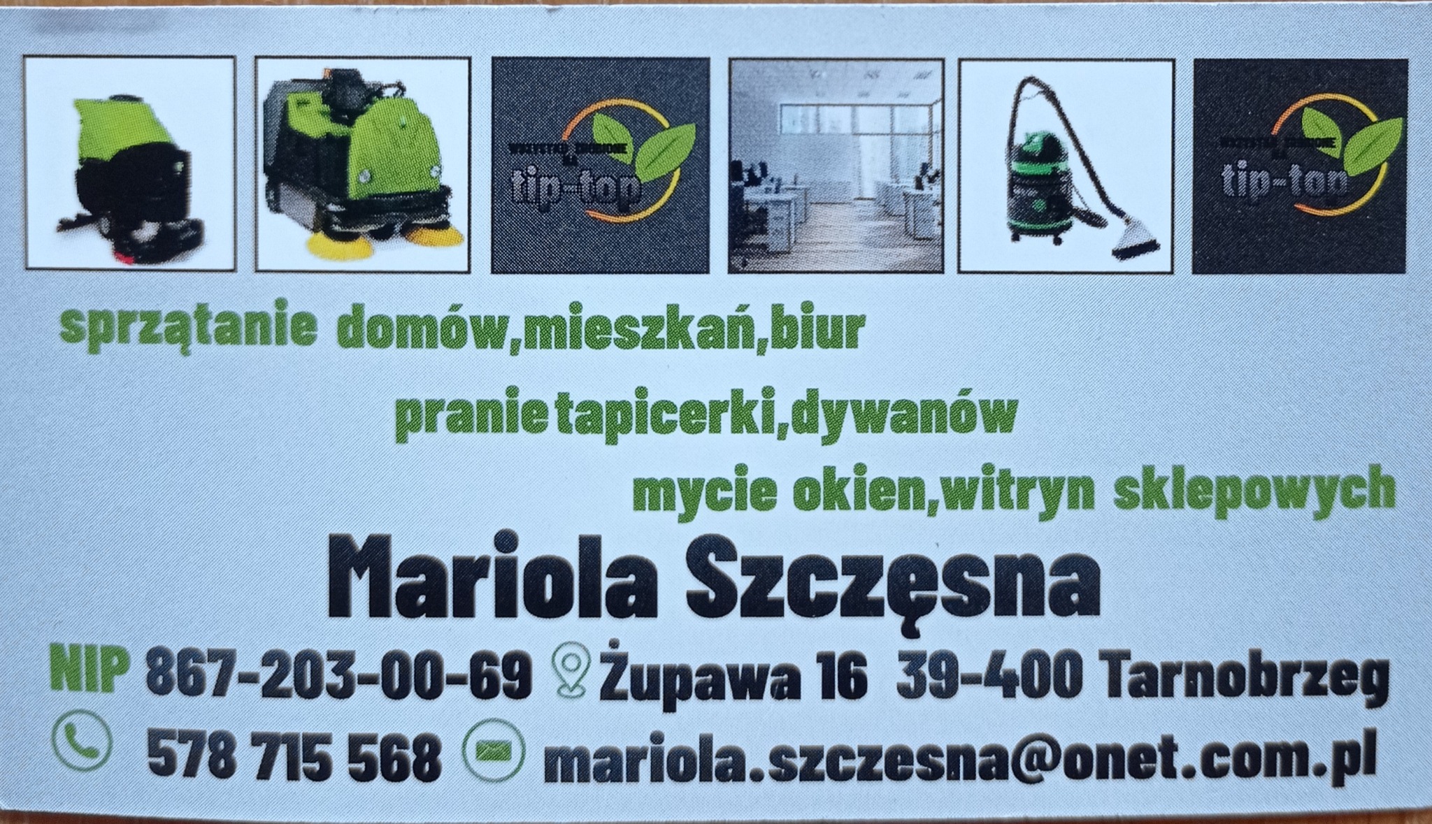 Wizytówka firmy sprzątającej z ilustracjami sprzętu do sprzątania, logiem i danymi kontaktowymi.