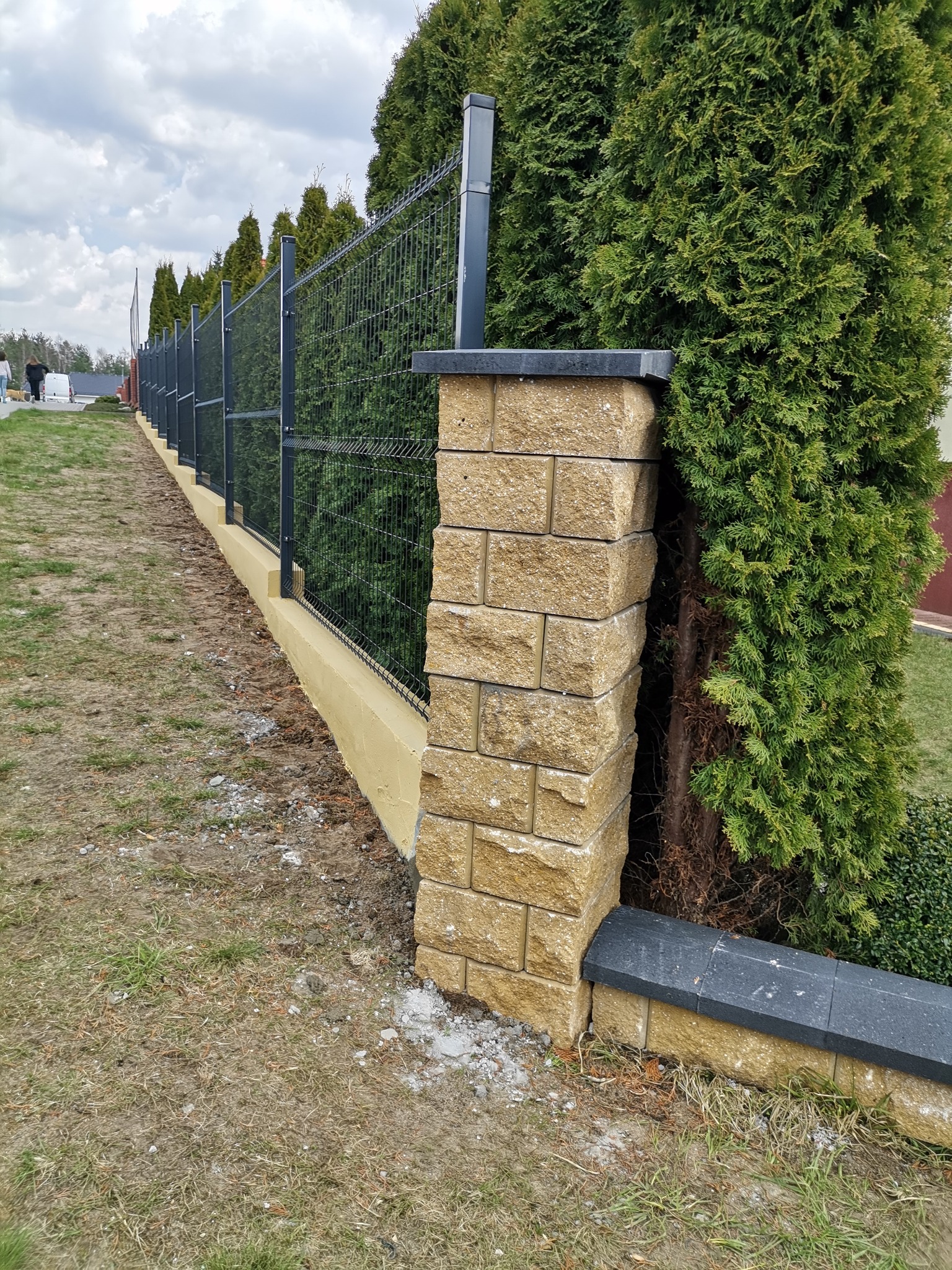 Nowoczesne ogrodzenie panelowe z podmurówką i słupkami z piaskowca, obok rzędu tuj, widoczne ślady po świeżych pracach ziemnych.