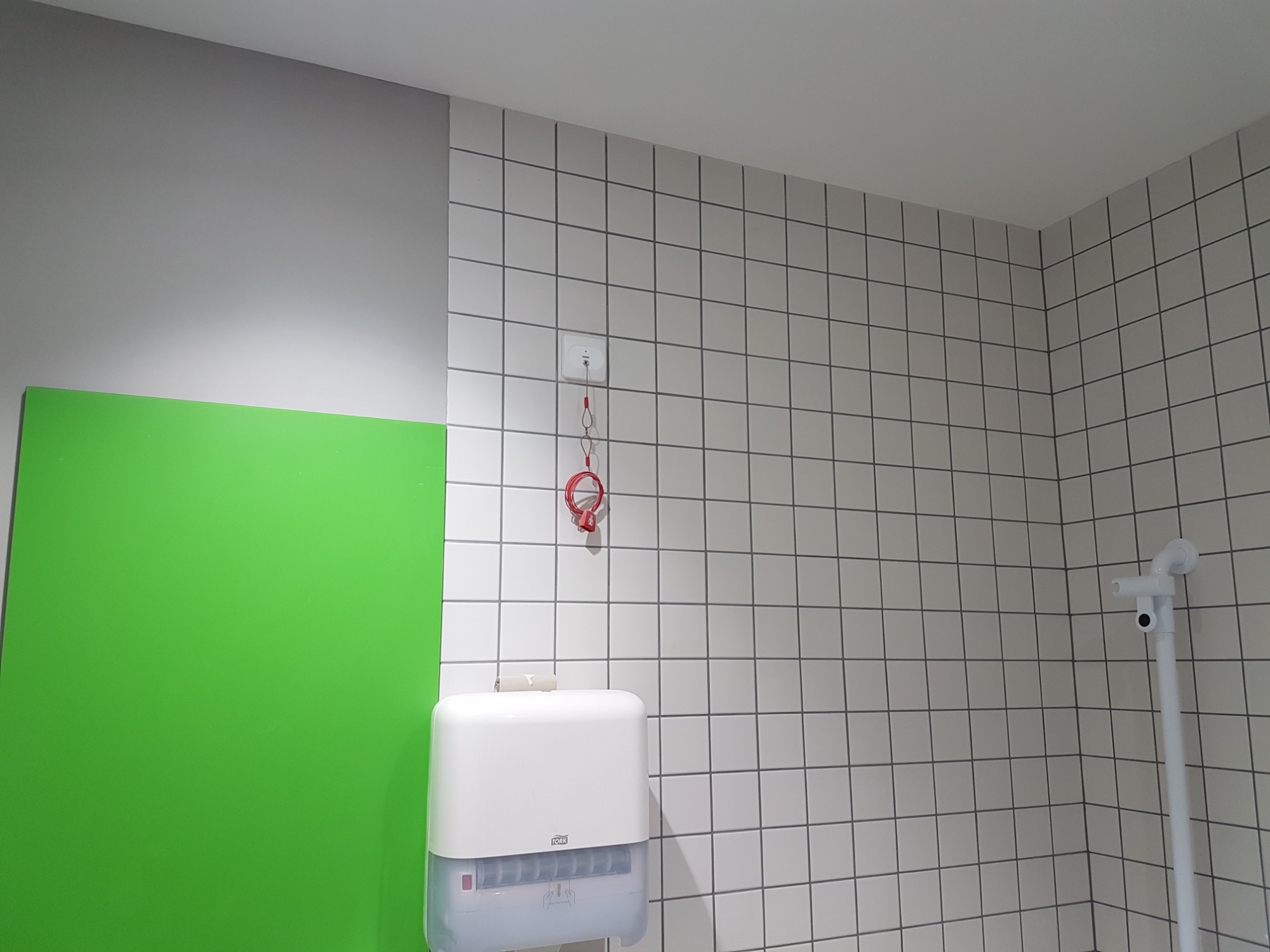 Świeżo wykafelkowana ściana w Toruniu, z białymi, kwadratowymi płytkami i ciemnoszarą fugą, sąsiadująca z zieloną ścianą i wyposażona w biały podajnik na ręczniki papierowe.