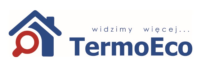 Logo firmy TermoEco z symbolem domu i lupy, hasło 'widzimy więcej...'