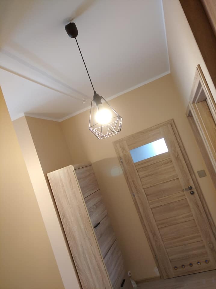 Nowoczesna lampa wisząca z czarnym kablem i geometrycznym kloszem w jasnym przedpokoju z beżowymi ścianami, drewnianą komodą i drzwiami z szybą.