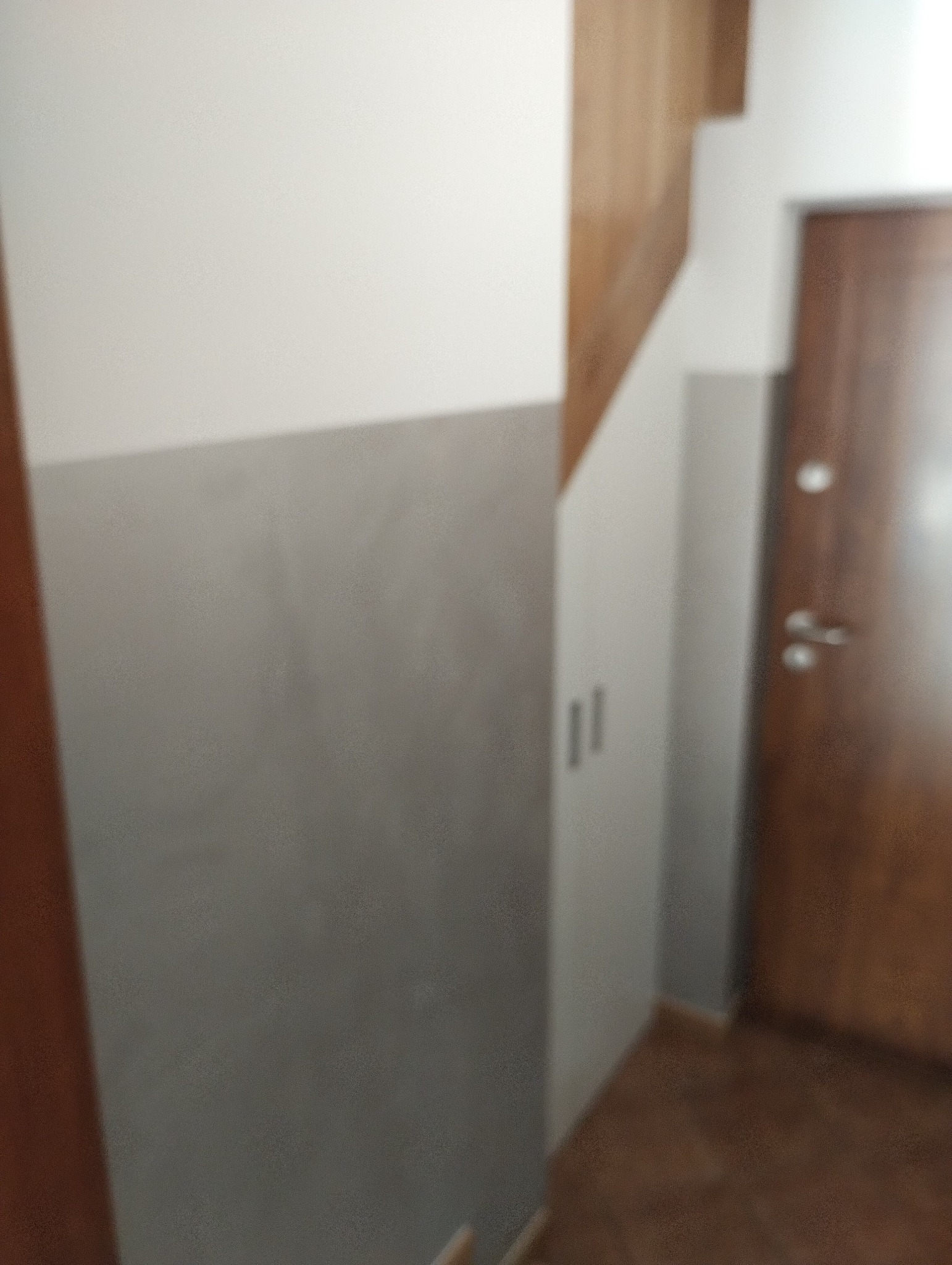 Fragment korytarza z dolną częścią ściany pomalowaną na szaro, górna część biała, widoczna drewniana krawędź schodów i brązowe drzwi wejściowe.