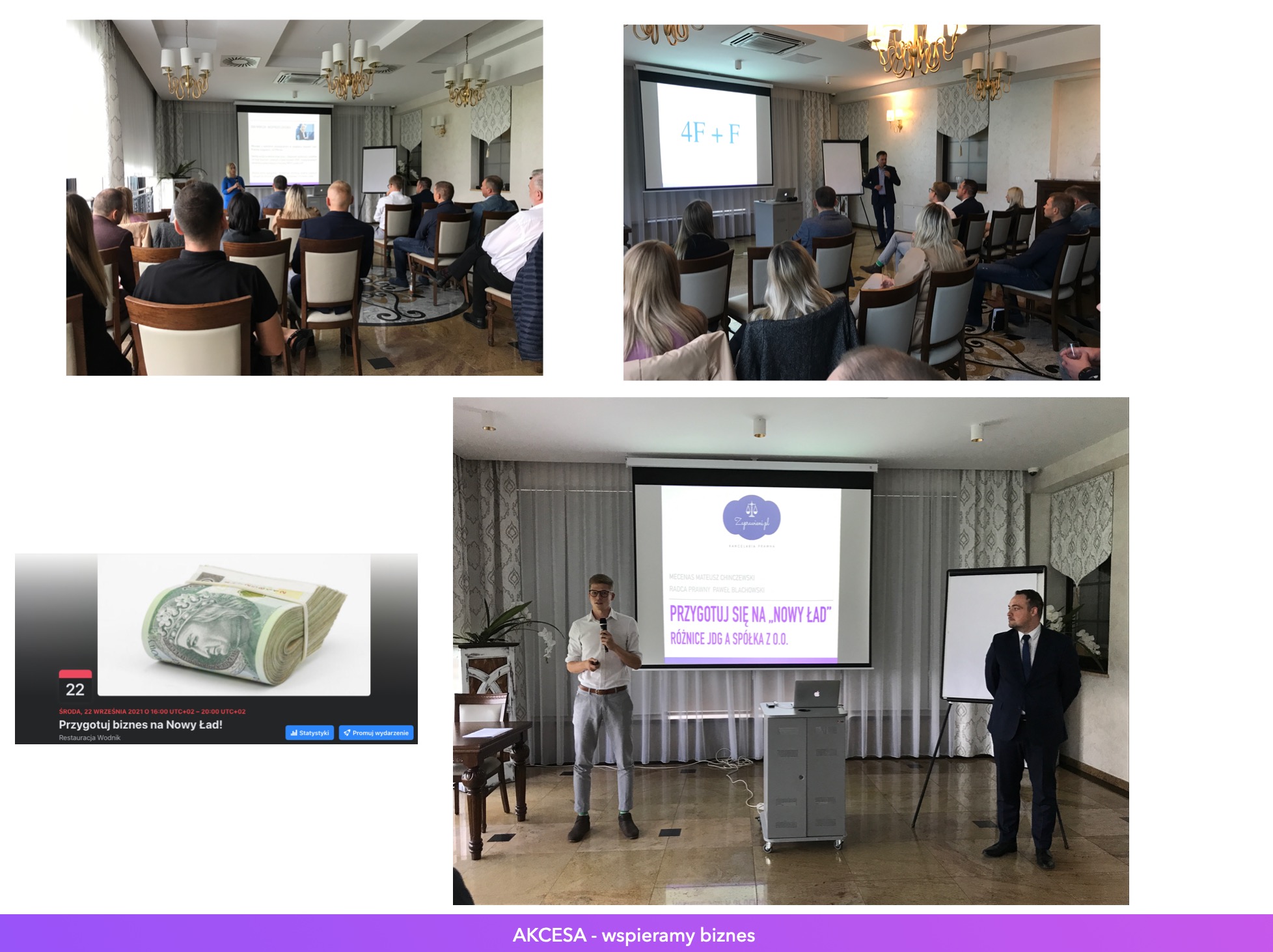 Prezentacja dotycząca zmian prawnych 'Nowy Ład' podczas szkolenia dla przedsiębiorców, z prelegentami i publicznością w eleganckiej sali konferencyjnej.