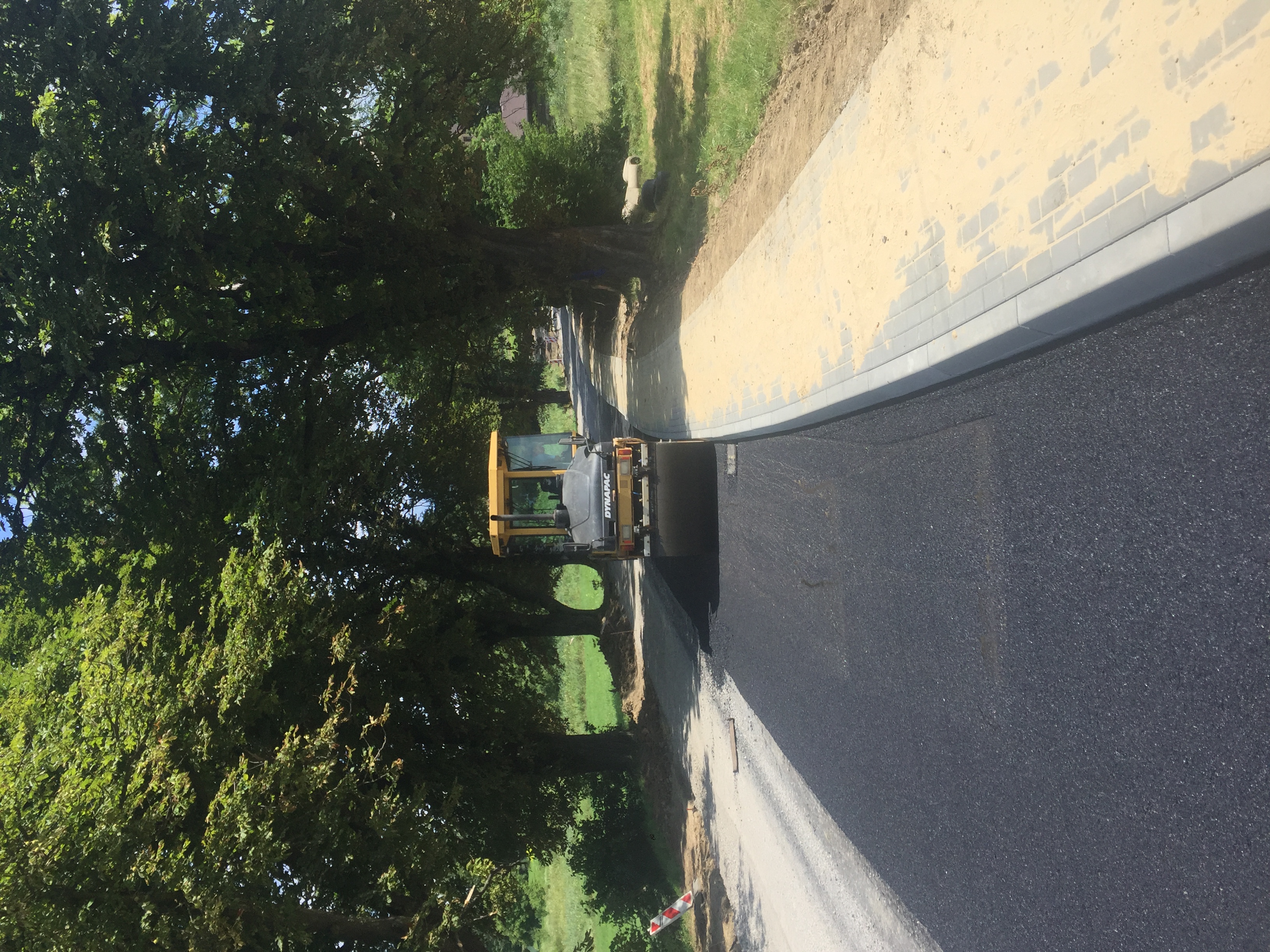 Walec drogowy Dynapac ubija świeżo wylany asfalt na drodze, widoczne drzewa wzdłuż krawędzi i przygotowane podłoże pod kostkę.
