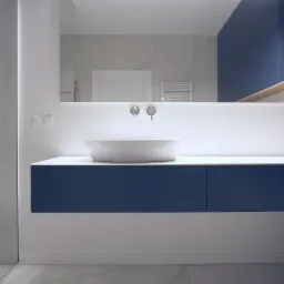 Nowoczesna łazienka z owalną umywalką nablatową, szafką w kolorze granatowym i podświetlanym lustrem, wykończona marmurowymi płytkami.