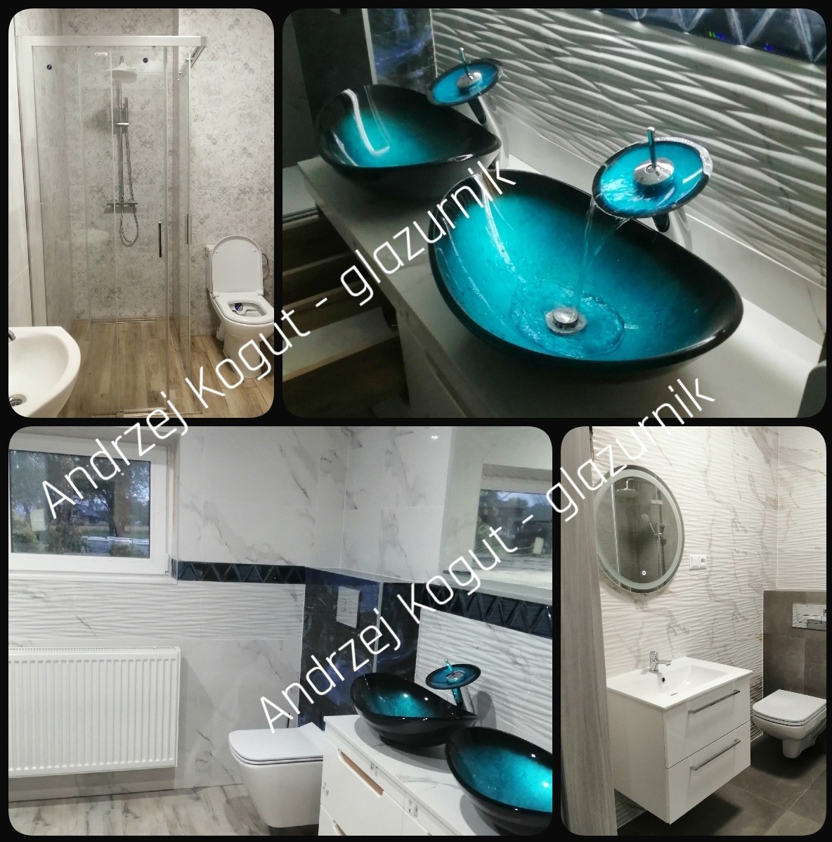 Nowoczesna łazienka z kabiną prysznicową, umywalkami w odcieniach turkusu i białymi płytkami imitującymi marmur. Widoczne detale wykończenia i oświetlenie.