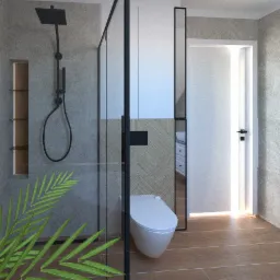 Nowoczesna łazienka z szarą płytką, kabiną prysznicową typu walk-in, podwieszaną toaletą, drewnianym panelem dekoracyjnym i rośliną w rogu.