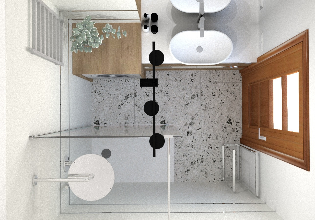 Wizualizacja łazienki z kabiną prysznicową oddzieloną szklaną ścianą, podwójną umywalką nablatową, drewnianym blatem, ścianami wyłożonymi płytkami imitującymi kamień oraz drewnianym oknem.