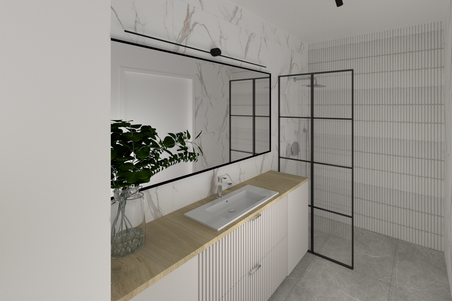 Nowoczesna łazienka z marmurową ścianą, umywalką nablatową na drewnianym blacie, czarną ramą lustra i kabiną prysznicową z czarnymi szprosami. W wazonie zielona roślina.