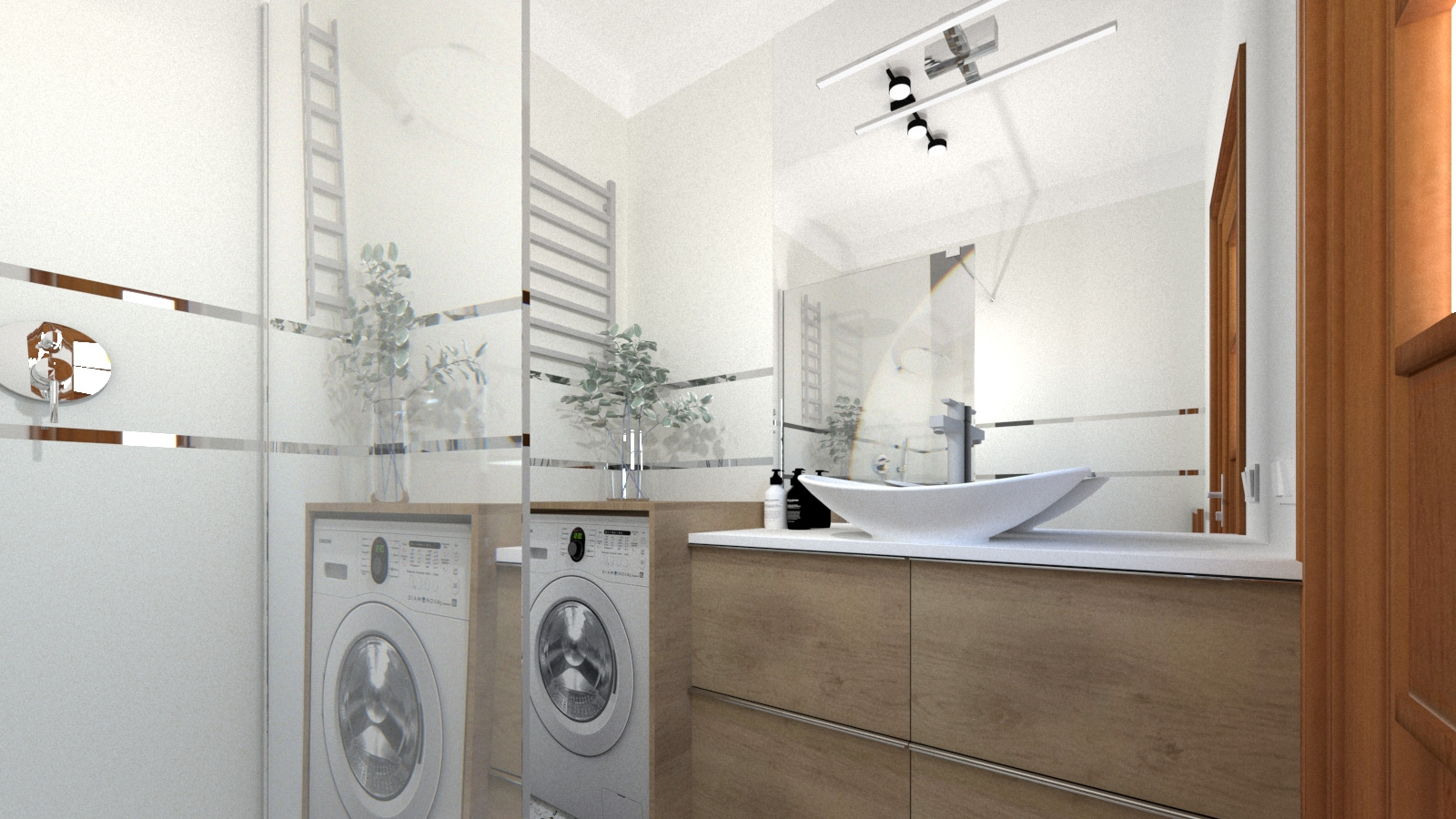 Nowoczesna łazienka z dwoma pralkami ukrytymi pod blatem, umywalka nablatowa, szklana kabina prysznicowa z poziomymi paskami, grzejnik drabinkowy i dekoracyjne rośliny w wazonach.