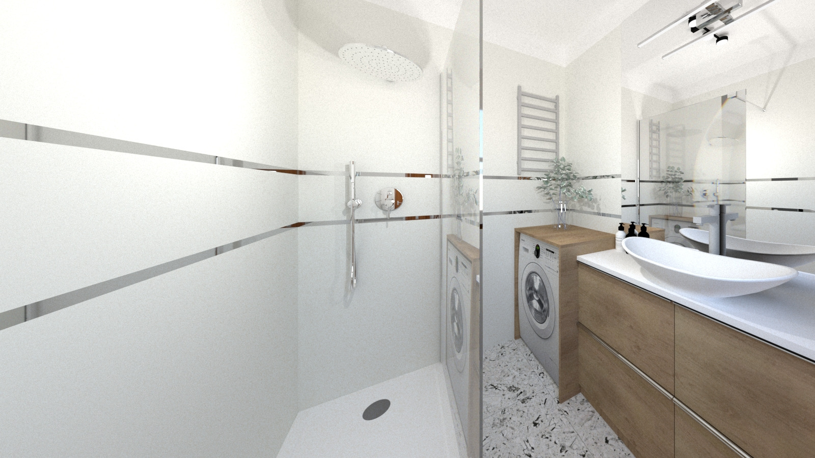 Wizualizacja nowoczesnej łazienki z kabiną prysznicową typu walk-in, umywalką nablatową na drewnianej szafce, pralką schowaną pod blatem i dekoracyjną rośliną w szklanym wazonie.