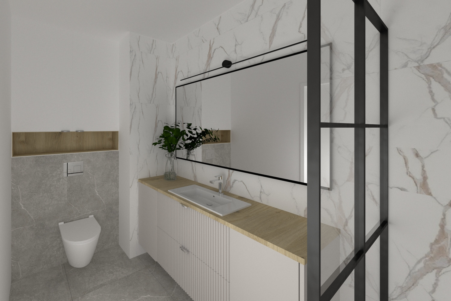 Wizualizacja nowoczesnej łazienki z białymi marmurowymi płytkami, szafką z umywalką, dużym lustrem z czarną ramą i kabiną prysznicową typu walk-in z czarnymi profilami.