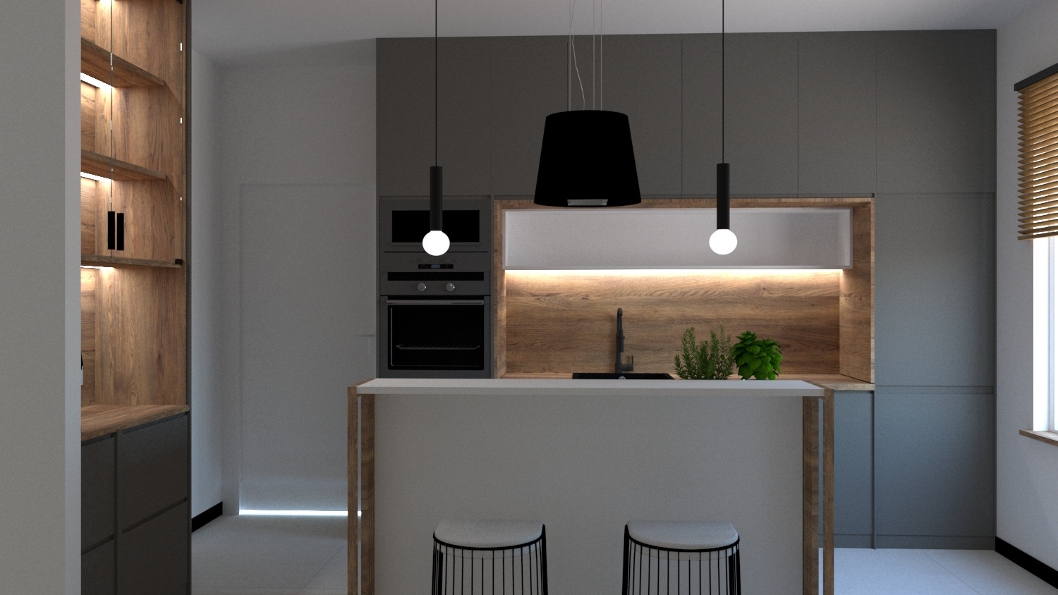 Nowoczesna kuchnia z wyspą, szare szafki, drewniane akcenty, oświetlenie podszafkowe, czarne lampy wiszące i minimalistyczne stołki barowe.
