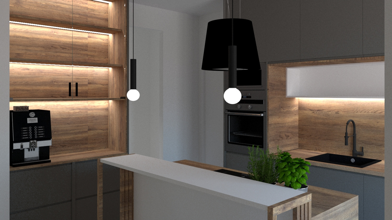 Nowoczesna kuchnia z drewnianymi akcentami, oświetleniem LED pod szafkami i wiszącymi lampami kulistymi, z ekspres do kawy w zabudowie.