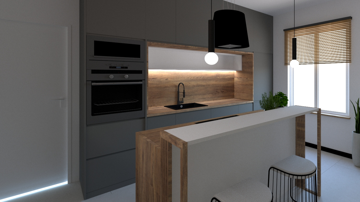 Nowoczesna kuchnia w odcieniach szarości z drewnianymi akcentami, wyspa z białym blatem i hokerami, oświetlenie punktowe, zabudowa kuchenna z piekarnikiem i szafkami, drewniana ściana nad blatem.