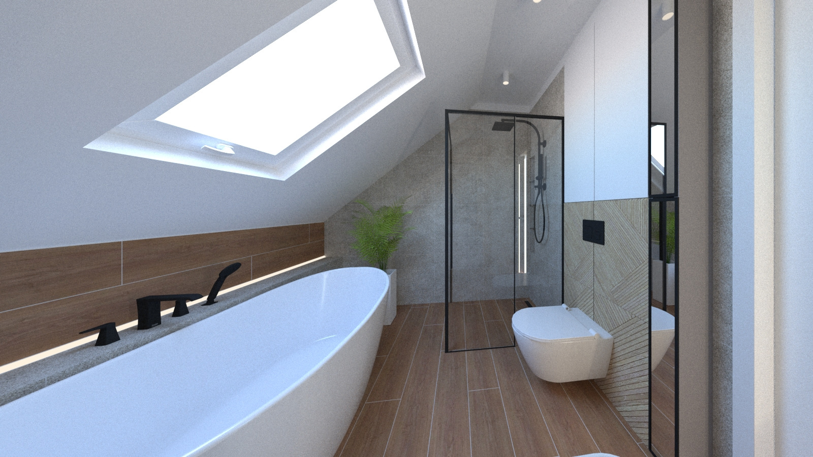 Wizualizacja łazienki na poddaszu ze świetlikiem, białą wanną wolnostojącą z czarną armaturą, kabiną prysznicową typu walk-in z czarną ramą i toaletą podwieszaną.