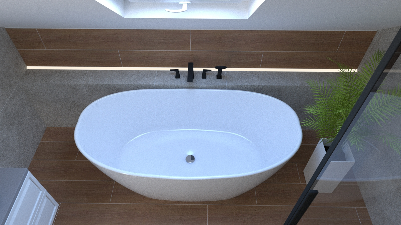 Nowoczesna, wolnostojąca wanna owalna z czarną armaturą, widok z góry, drewnopodobne płytki na podłodze i ścianie, roślina w białej doniczce przy szklanej ściance prysznica.