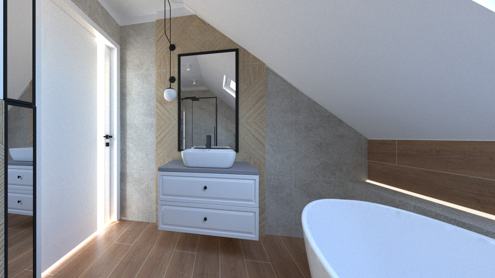 Wizualizacja łazienki na poddaszu ze skośnym sufitem, biała umywalka nablatowa na szafce z szufladami, lustro w czarnej ramie, drewnopodobne płytki na ścianach oraz podświetlana wanna.