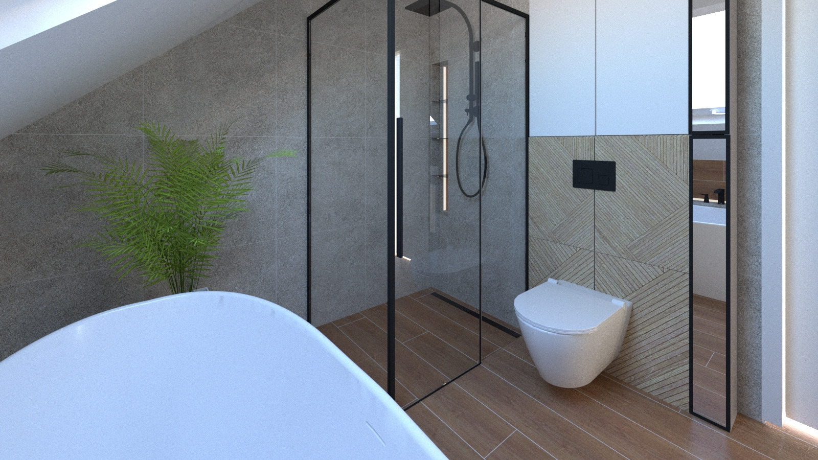 Wizualizacja łazienki na poddaszu z wolnostojącą wanną, kabiną prysznicową typu walk-in z czarnymi ramami, toaletą podtynkową, drewnopodobnymi płytkami oraz rośliną doniczkową.