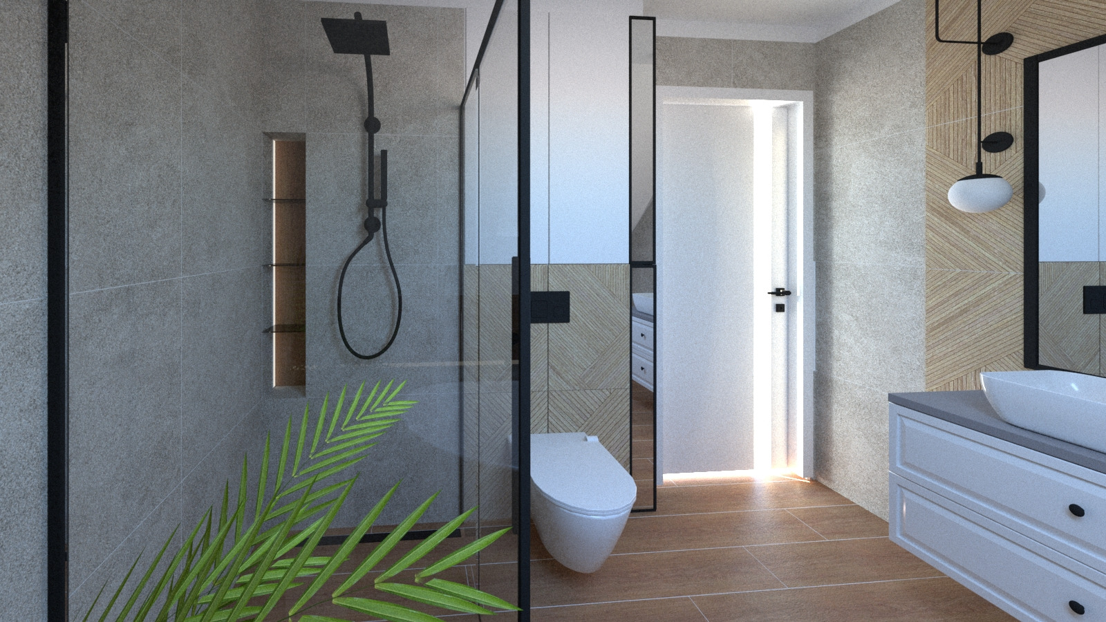 Nowoczesna łazienka z szarą płytką, kabiną prysznicową typu walk-in, podwieszaną toaletą, drewnianym panelem dekoracyjnym i rośliną w rogu.