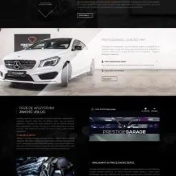 Strona internetowa firmy Prestige Garage prezentująca usługi renowacji lakieru, car detailingu i inne, z widocznym logo i zdjęciami realizacji.
