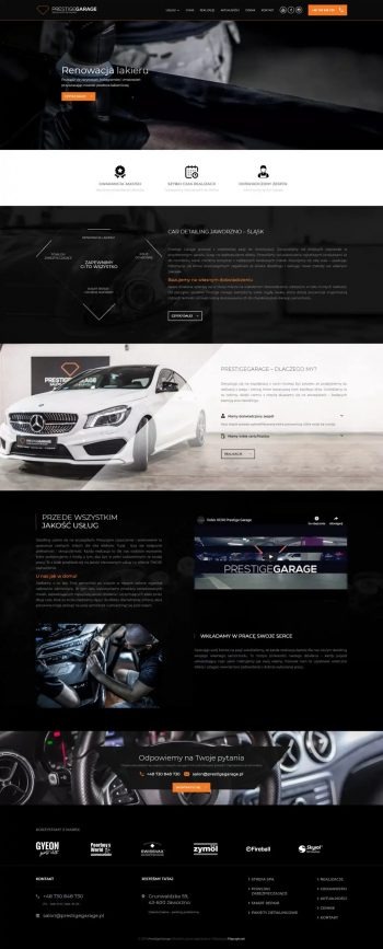 Strona internetowa firmy Prestige Garage prezentująca usługi renowacji lakieru, car detailingu i inne, z widocznym logo i zdjęciami realizacji.