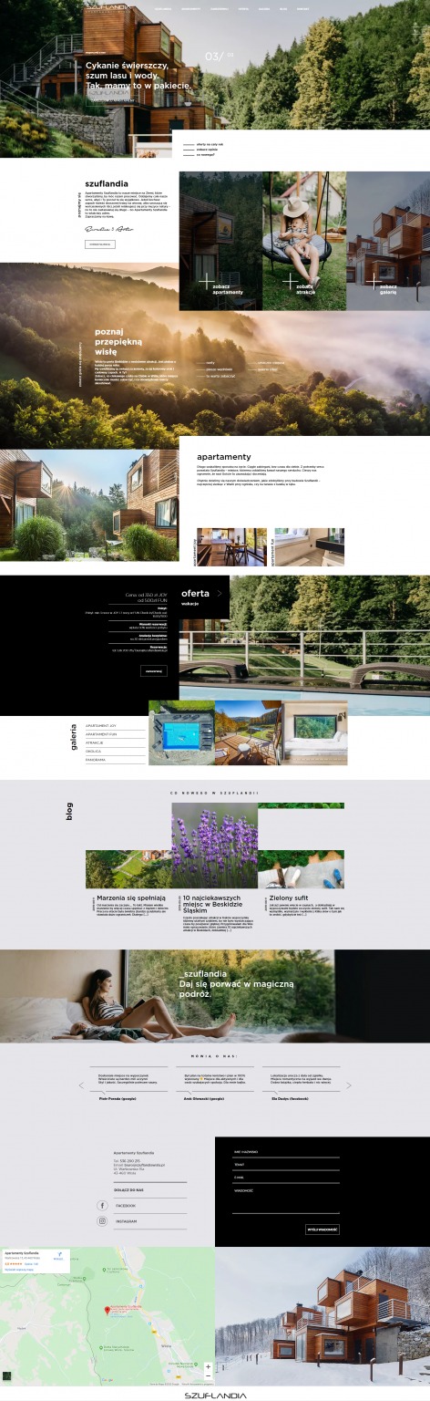 Strona internetowa z ofertą apartamentów w górach, prezentująca architekturę budynków, krajobraz i relaksacyjne spędzanie czasu, z widocznym logo 'Szuflandia' w dolnej części.