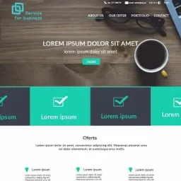 Mockup strony internetowej z nagłówkiem 'Service for business', widoczne elementy biurowe: laptop, okulary, filiżanka kawy na drewnianym tle.