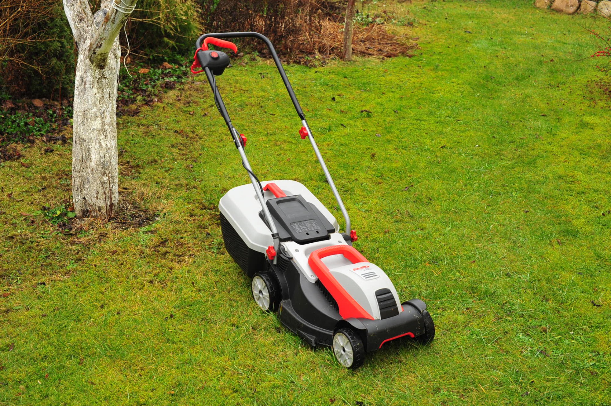 Elektryczna kosiarka do trawy z czerwonymi akcentami na zielonym trawniku obok pnia drzewa.