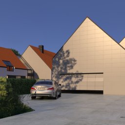 MSARCH Krzysztof Malczewski - Wizualizacja nowoczesnego domu jednorodzinnego z garażem, srebrny samochód na podjeździe, minimalistyczna architektura z dwuspadowymi dachami i jasną elewacją. Na pierwszym planie bujna zieleń.
