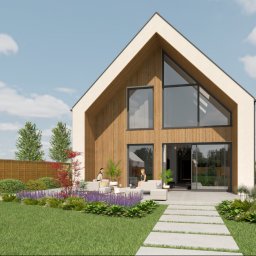 MSARCH Krzysztof Malczewski - Wizualizacja nowoczesnego domu jednorodzinnego w Gliwicach z drewnianą elewacją i dużymi oknami, otoczonego zadbanym ogrodem z kwitnącymi rabatami i ścieżką z płyt betonowych.