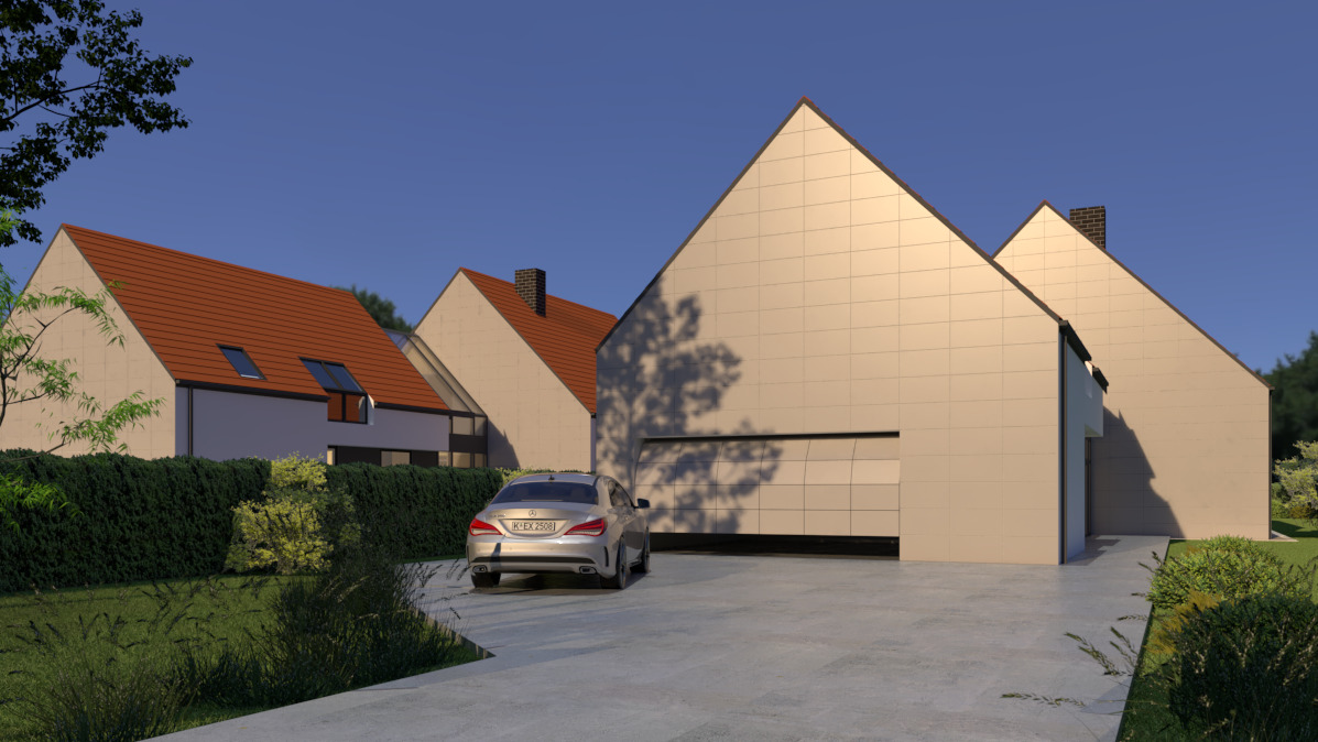 Wizualizacja nowoczesnego domu jednorodzinnego z garażem, srebrny samochód na podjeździe, minimalistyczna architektura z dwuspadowymi dachami i jasną elewacją. Na pierwszym planie bujna zieleń.