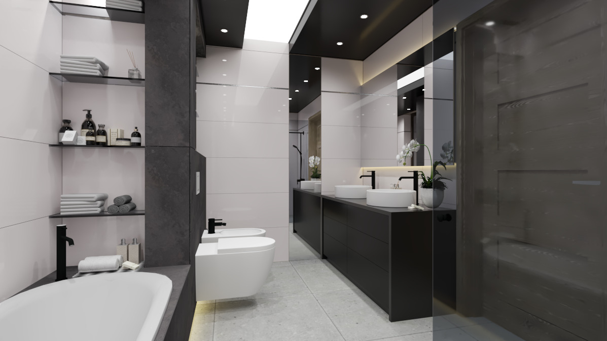 Nowoczesna łazienka z białymi sanitariatami, czarnymi szafkami pod umywalki i półkami, oraz szarymi elementami wykończeniowymi, oświetlona światłem dziennym wpadającym przez okno w suficie.