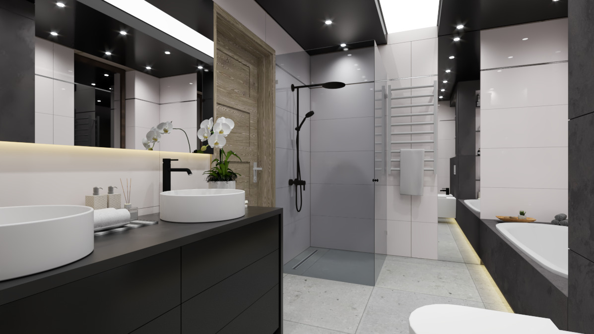 Nowoczesna łazienka z dwoma umywalkami na czarnym blacie, czarną armaturą, przeszklonym prysznicem typu walk-in, białymi płytkami i drewnianymi drzwiami, oświetlona punktowo.