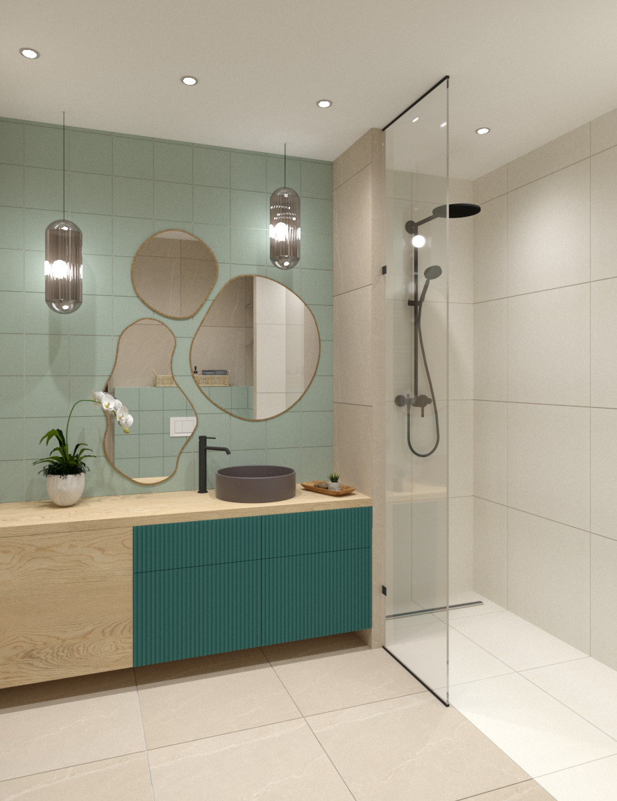 Wizualizacja łazienki z umywalką w kolorze grafitowym, kabiną prysznicową ze szklaną ścianą i zieloną ścianą z trzema okrągłymi lustrami o nieregularnych kształtach, oświetlona wiszącymi lampami.