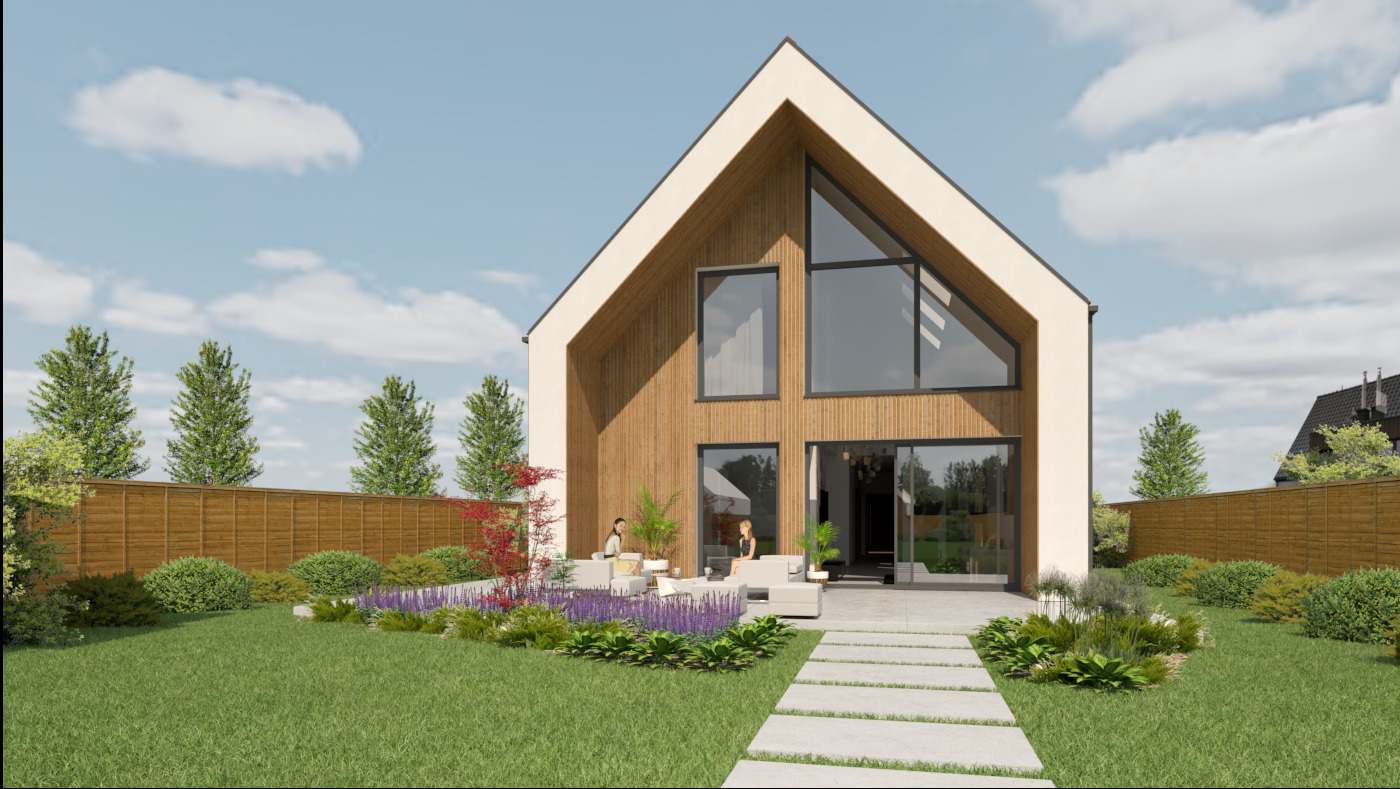 Wizualizacja nowoczesnego domu jednorodzinnego w Gliwicach z drewnianą elewacją i dużymi oknami, otoczonego zadbanym ogrodem z kwitnącymi rabatami i ścieżką z płyt betonowych.