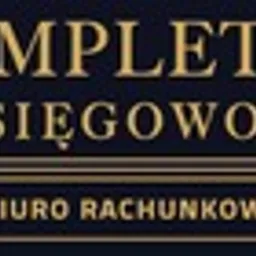 Graficzne logo biura rachunkowego z napisem 'KOMPLETNA KSIĘGOWOŚĆ' w kolorze złotym na ciemnoniebieskim tle.