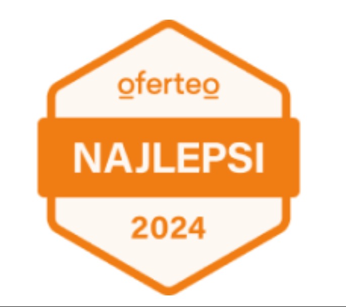 Oferteo: Najlepsi 2024. Pomarańczowo-biała odznaka z napisem 'NAJLEPSI' i rokiem 2024. Symbol wyróżnienia dla najlepszych specjalistów.