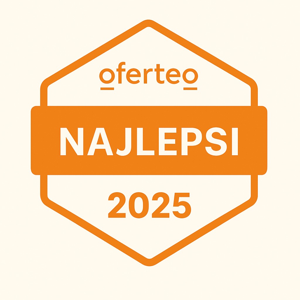 Pomarańczowy znak Oferteo 'Najlepsi 2025' na kremowym tle. Grafika z napisem 'Oferteo' u góry, 'Najlepsi' pośrodku i '2025' na dole, w heksagonalnej ramce.