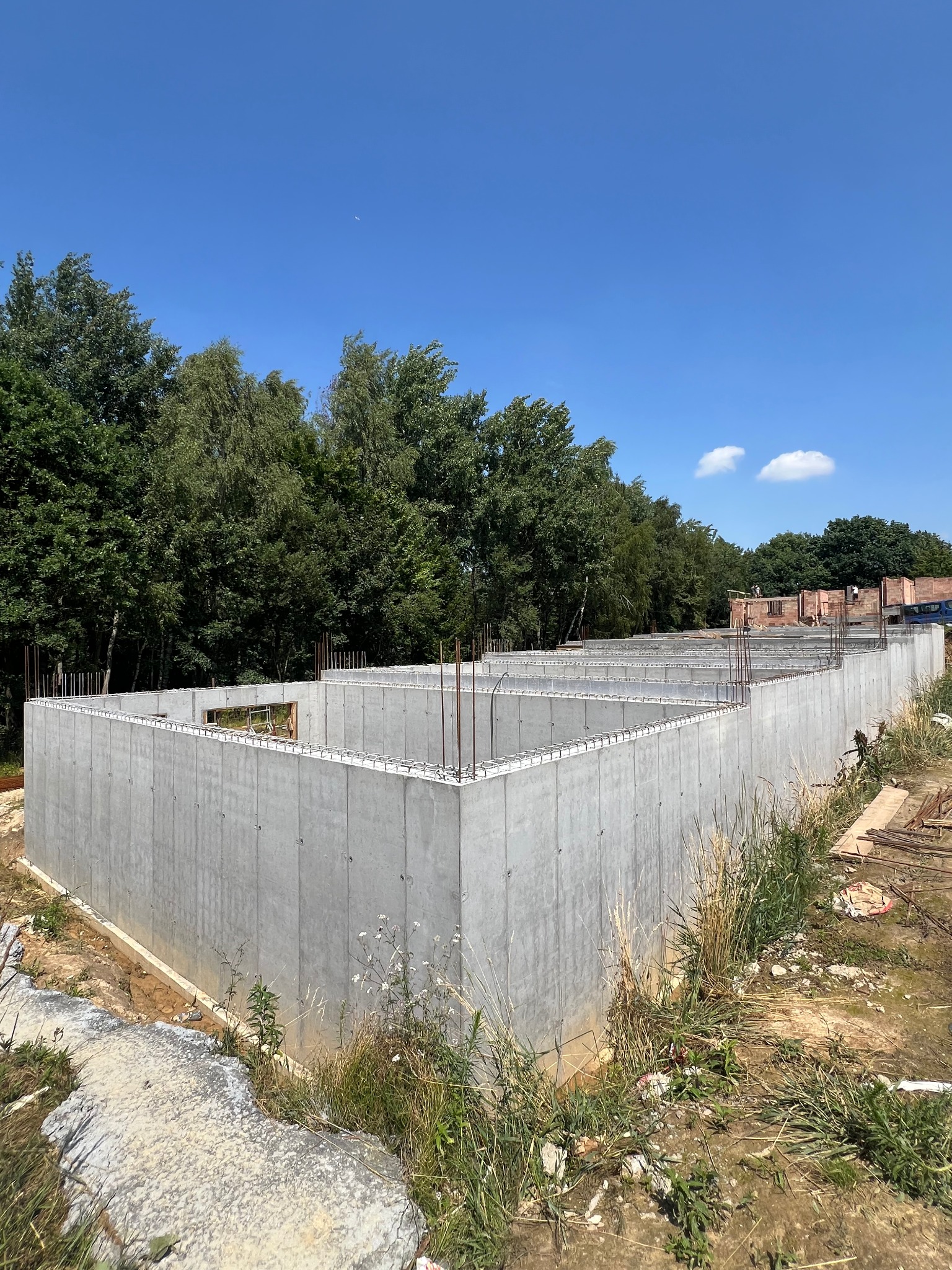 Betonowe fundamenty domu jednorodzinnego z wystającymi prętami zbrojeniowymi, na tle zieleni i błękitnego nieba. Widok z poziomu gruntu.