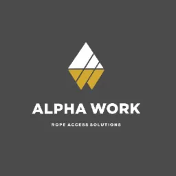 Logo firmy Alpha Work specjalizującej się w dostępie linowym, przedstawiające geometryczny symbol w kolorach białym i złotym na szarym tle, z nazwą firmy i hasłem 'Rope Access Solutions'.
