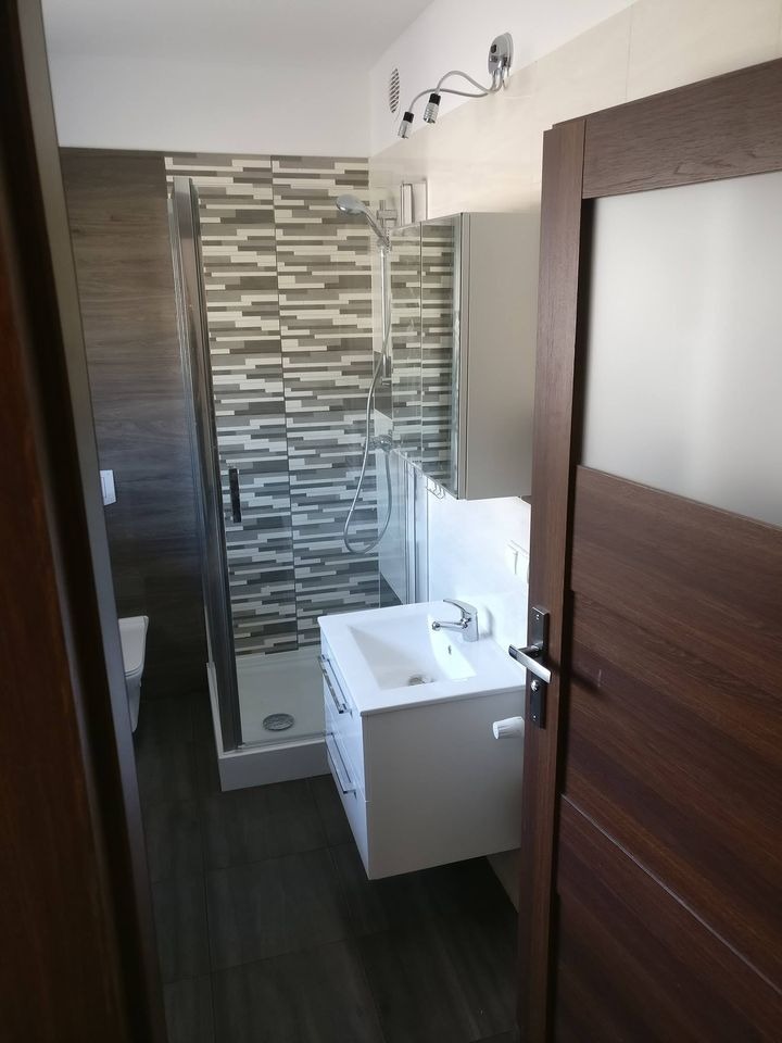 Ukończona łazienka z kabiną prysznicową, umywalką z szafką, mozaiką na ścianie i ciemną podłogą, widok zza drewnianych drzwi.