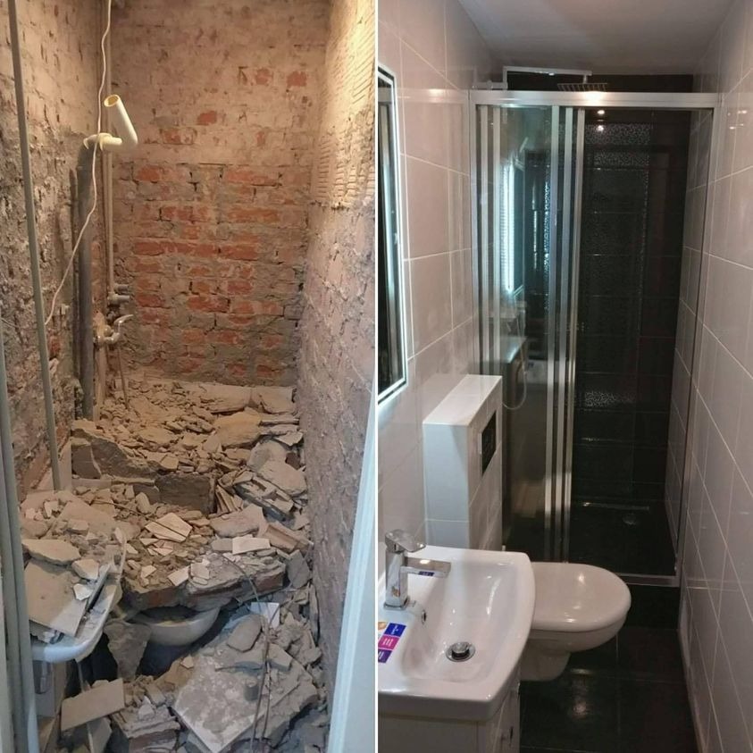 Porównanie stanu łazienki przed i po remoncie: surowe cegły i gruz kontra biała umywalka, toaleta i kabina prysznicowa z czarnymi płytkami.